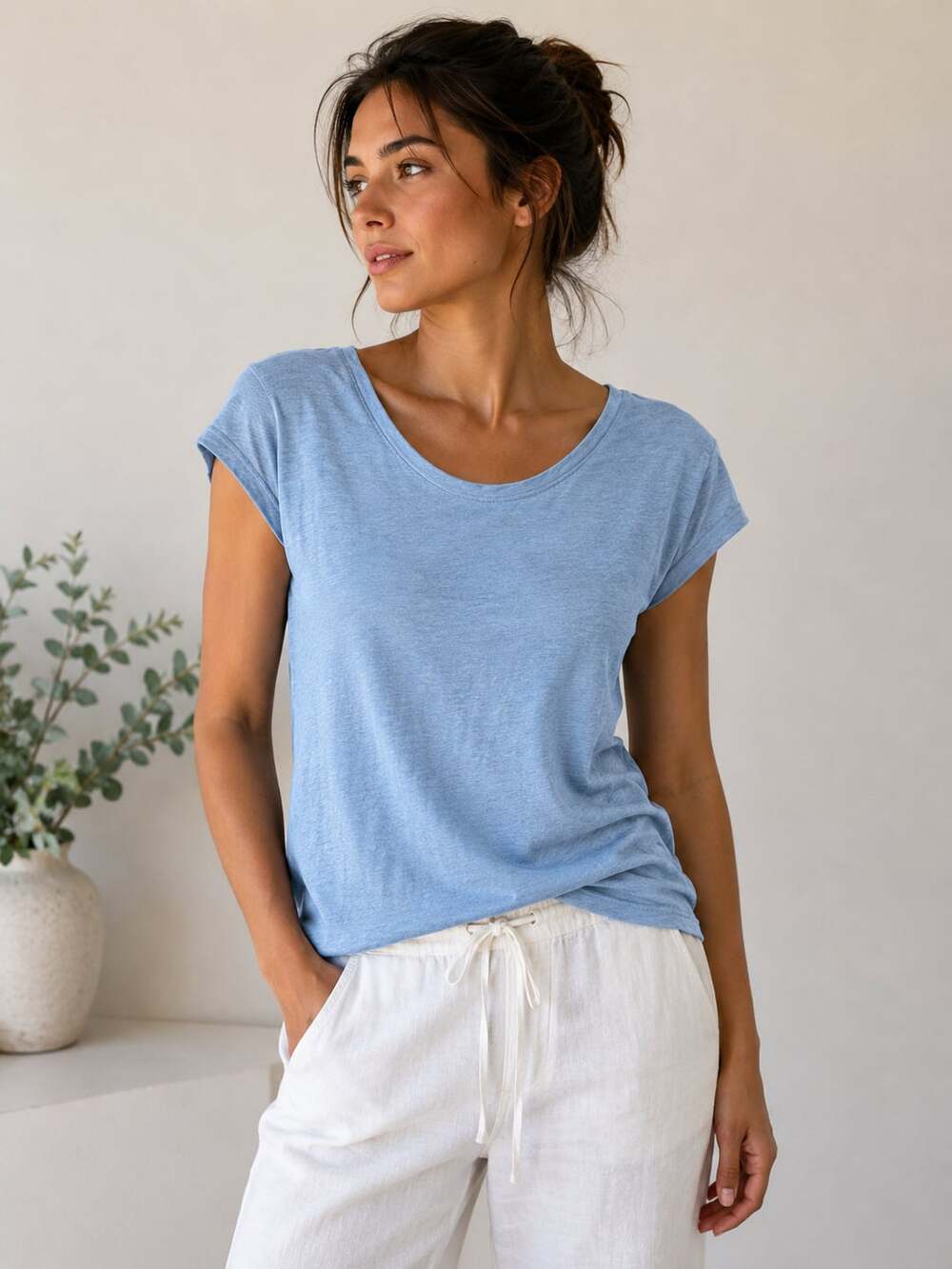 Eileen Fisher Organic Linen Blue Scoop Neck Tee XXS Petite Minimalist Tunic Top